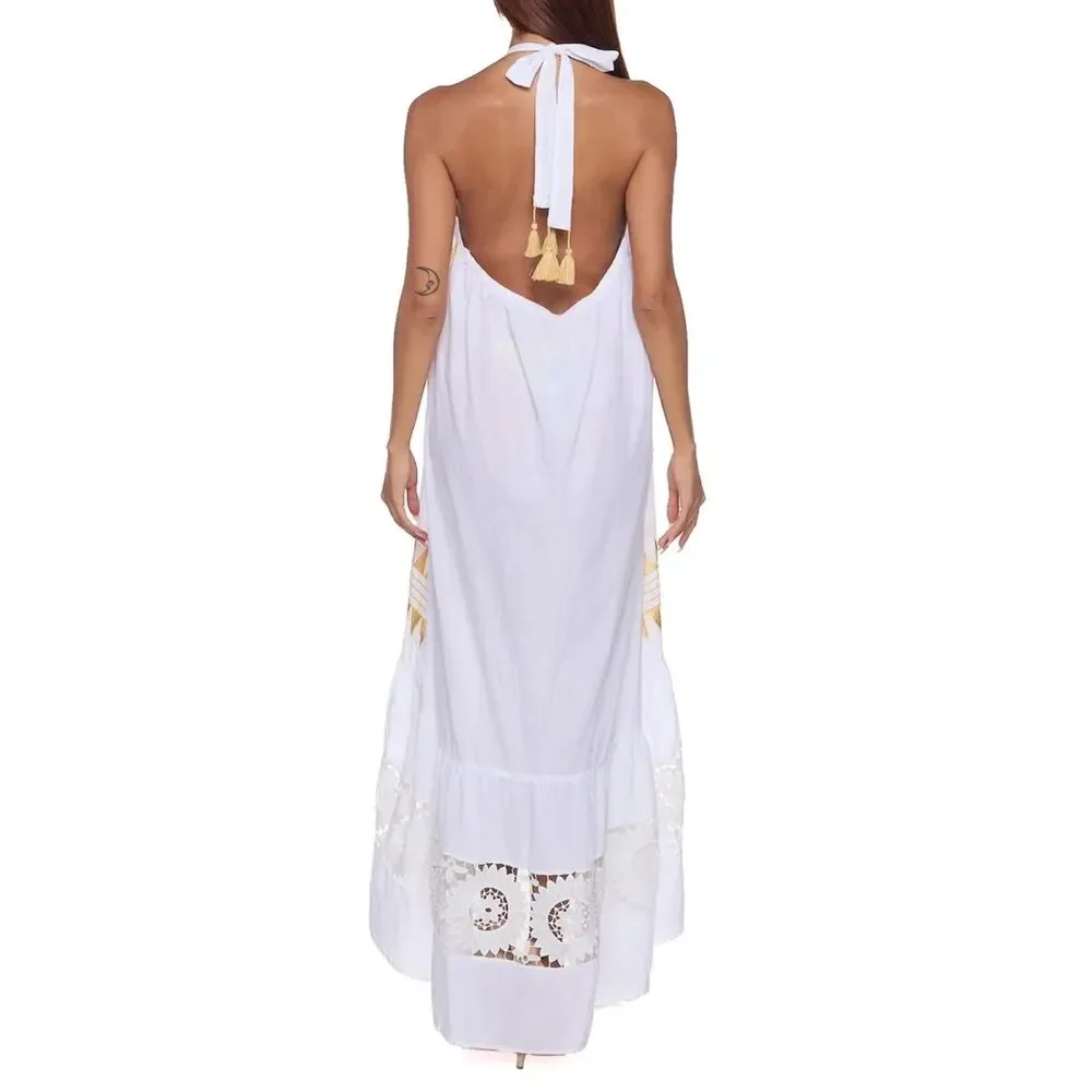 Ranees Halter Cotton Maxi Sundress White Gold Geometric Embroidery S/M NWOT - Picture 2 of 7
